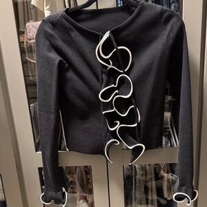 Commense Black Blouse with White Ruffle Detail